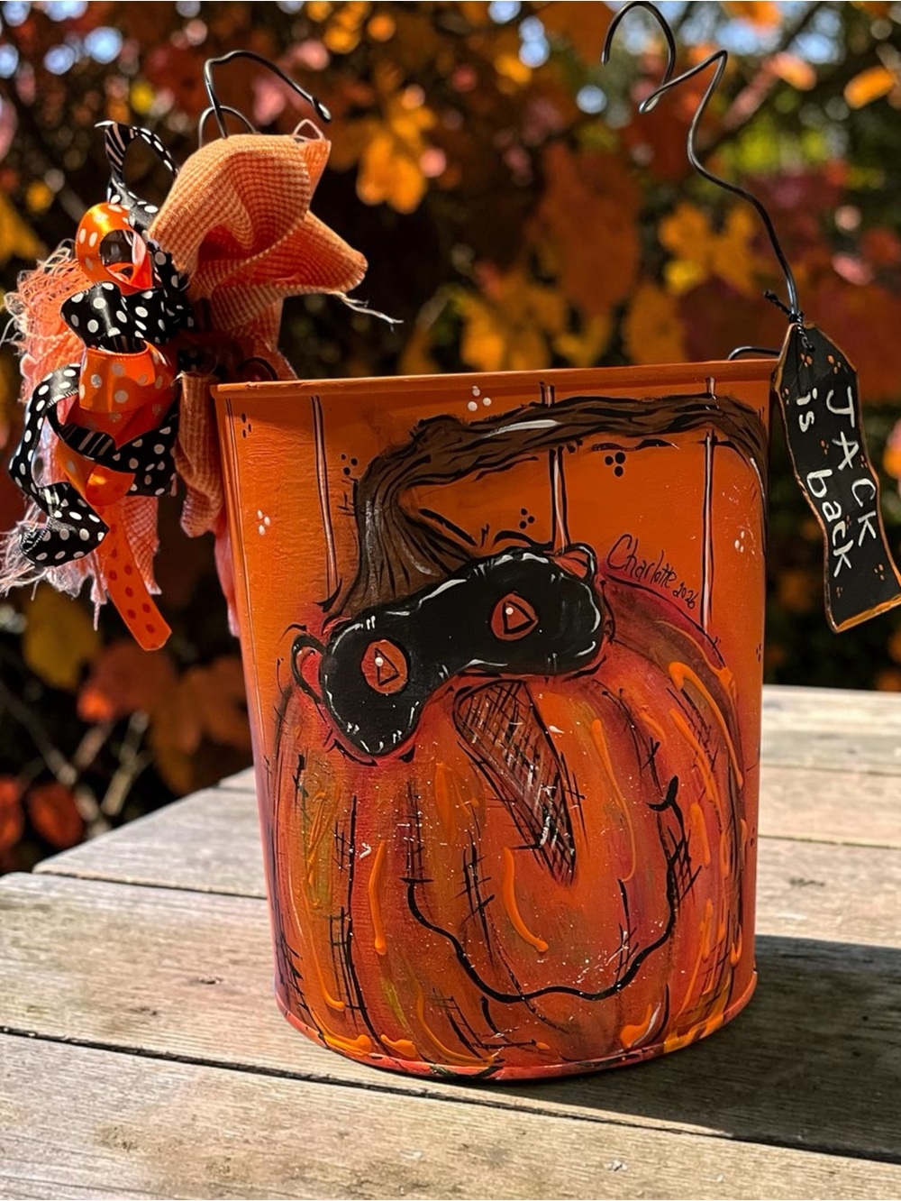 Hand-Painted Orange Pumpkin Paint Bucket - Home Accents